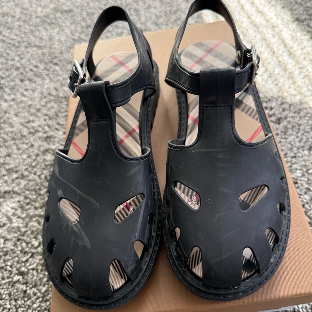 Kids Burberry Black Jelly Sandals with Plaid Insole